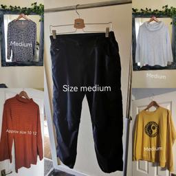 SIZE MEDIUM BUNDLE. 4 JUMPERS ASSORTED STYLES AND DESIGNS AND A PAIR OF CARGO TROUSERS THAT CAN BE UNZIPPED TO MAKE CROPPED/SHORTS 

£15 FOR ALL 
COLLECT BATLEY OR CAN POST FOR ADDITIONAL COST