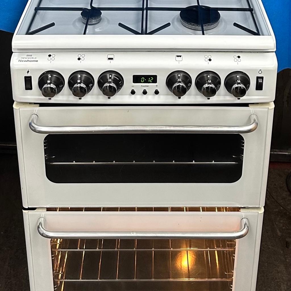 Hello welcome to my ads,This new world newhome 550TSIDLm 55cm double oven gas cooker comes in a white colour with four gas burners,glass lid with safety cut-off,ignition switch,double glazed door and viewing windows,removable inner door glass for easy cleaning, interior light,stylish knobs,catalytic liners in both ovens, easy clean enamel,Electronic timer and minute minder,three shelves,slow cook main oven is conventional with 69 litres capacity while second oven(top) is gas grill with 21 litres capacity very clean and tidy dimensions are H:900 W:550 D:600 cash on collection at B18 7QD 71-79 western road or delivery for extra fee, for more information message me thanks .