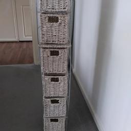 Corn rope tower storage units - 2 drawer 33cm(H) x 18cm (W) and 4 drawer 64.5 cm (H) x 18 cm (W) Combo. Materials are metal frame with Eco friendly Corn Rope pull out drawers. Slight kink in metal frame as in picture two but item is unused and brand new. Retails at £24 but selling at £10.