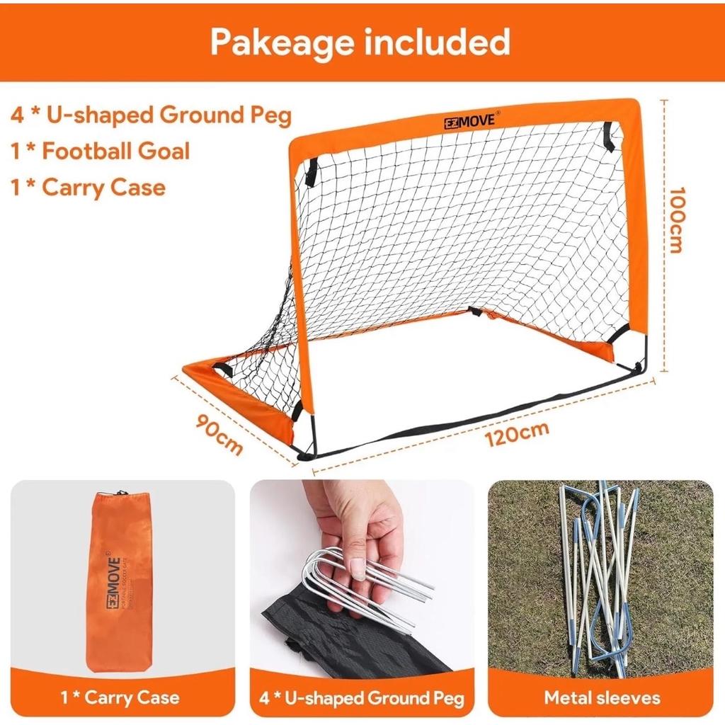 ezmove Football Goal for Garden - Portable Pop Up Football Goal Posts & Net, Football Training Equipment for Kids Festive Gift

90x120x90cm(Orange)

POPULAR

GALLERY

DESCRIPTION

Large size goal to get kids moving

120x90x100cm Football Goal, large size Ideal for Garden Fun and Football Training. Say No to Screen Addiction, Yes to Outdoor Action! Enjoy All-Weather Play - Perfect for Kids' Backyard Adventures

Premium Quality Material

Our upgraded fiberglass rods set us apart from most products on the market. They feature a PVC anti-burst coating to prevent accidental breakage and eliminate the risk of glass shards injuring children's hands. This innovative design ensures a safe and enjoyable play experience for kids. Crafted from high-quality waterproof, anti-tear oxford fabric, and durable polyester, our football goal is twice as thick and robust as other goal nets on the market.

User-Friendly Design

Effortlessly fold and stow the football goal in the included carry bag for eas