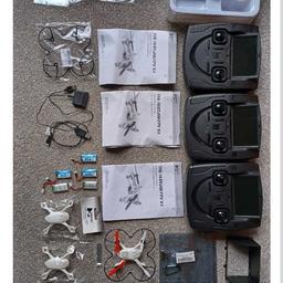 re listed due to time wasters 
3x drones lots of spare parts propellors batteries etc ready to fly
plz see the manual make to
all pics to ensure it's what you want
 happy to post at buyers expense
I ONLY GO THROUGH EVRI