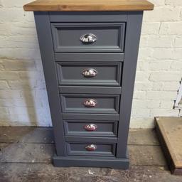 painted in charcoal grey with top sanded back and sealed with a medium oak wood dye and a durable top coat,width 21 inches,depth 15 inches,height 41 inches,free local delivery.