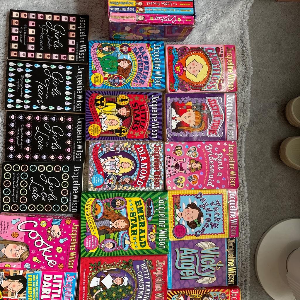 Jaqueline Wilson books £1 each or bundles for different prices depending on how many, open to offers
Candy floss, my sister Jodie, rent a bridesmaid, jacky daydream, vicky angel, Hetty feather, sapphire Battersea, little stars, diamond, emerald star, Hetty feathers Christmas, girls under pressure, girls in tears, girls in love, girls out late, cookie, little darlings, clean break, bad girls, sleepovers, the suitcase kid, the illustrated mum, midnight, secrets, the lottie project, the bed and breakfast star