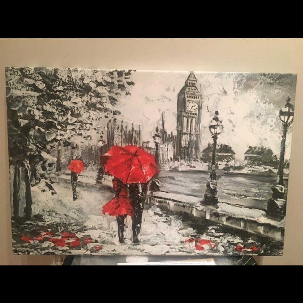 Couple Holding Red Umbrella in London Canvas Prints Framed Pictures for Livingroom Artwork Modern Love Hanging Wall Art Deco 60 x 40cm.