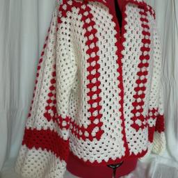 New hexagon  ladies cardigan, handmade in white shimmer and red, full sleeves