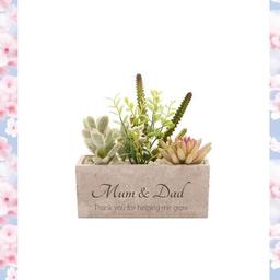 Succulent Plant Pot 
This rectangular stone planter boasts a natural grey finish, providing a stylish touch to any decor.
Nestled inside are lifelike artificial succulents accented with white pebbles, adding a touch of freshness and beauty without any maintenance hassle.
Faux plant & stone.
H16.5 x W17 x D7cm.
Engrave up 2 lines. Line 1: maximum 20 characters,
Line: 2 maximum 30 characters
Comes boxed.
£17