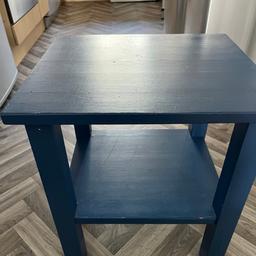 Blue side table made or pine wood, suitable for coffee table or next to an arm chair or sofa. Ideal for any seating area or as a bed side table in a bedroom.
43cm Long, 38 cm Wide, 48cm Tall.