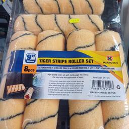 8 piece tiger stripe roller set. Set includes 
x1 - roller tray 
x6 - roller sleeves 
1 x 9" - 1.3/4" Roller frame 
£8.50 no offers 

We are open every Friday, Saturday & Sunday 10am till 4pm, loads of bargains to be had, hope to see you there, full address is

146-156 Weston Lane.
Tyseley
Birmingham
West Midlands
B113RX, Next to Weston Tyres look for yellow signs.