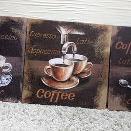 verkaufe drei Bilder 50x50cm 
mit Kaffee Motiv.
auch einzel abzugeben, Preis verhandelbar