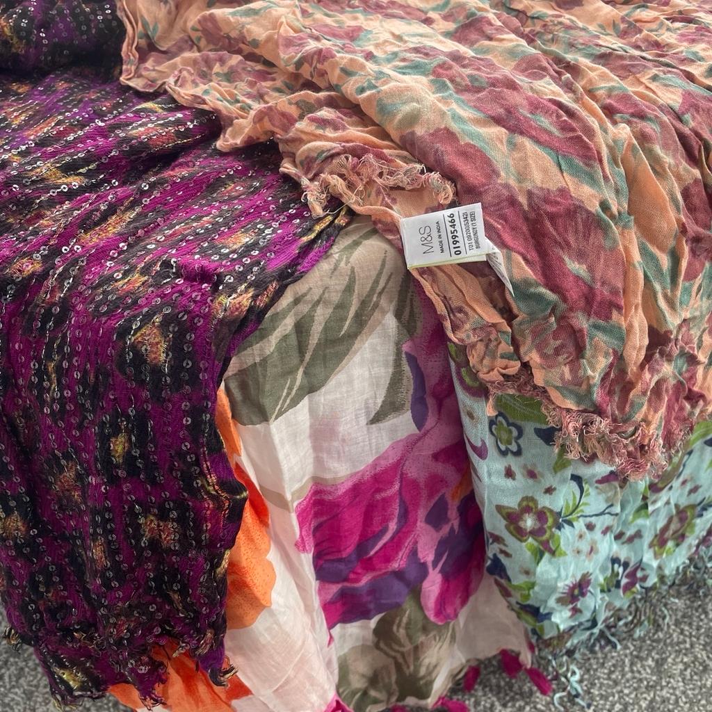 4 light weight decorative scarves or shoulder wraps. Great for warmer evenings or on holiday. Good condition from a smoke free home. Collection from FY1 6LJ