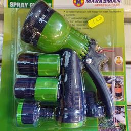 5 piece garden spray gun set.
8 pattern spray gun with trigger for eater flow control.
1/2" with water stop.
1 x 1/2" without water stop
1/2" tap connector 
1 x 1/2" hose connector 
£4.00 no offers 

We are open every Friday, Saturday & Sunday 10am till 4pm, loads of bargains to be had, hope to see you there, full address is

146-156 Weston Lane.
Tyseley
Birmingham
West Midlands
B113RX, Next to Weston Tyres look for yellow signs.