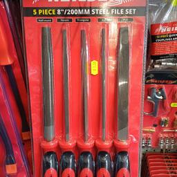 Neilsen 5 piece 8"/200MM STEEL FILE SET. set includes 
x1 half round file 
x1 Square file
x1 triangular file
x1 round file
x1 flat file 
with rubber grips for easy handling 
£9.50 no offers 

We are open every Friday, Saturday & Sunday 10am till 4pm, loads of bargains to be had, hope to see you there, full address is

146-156 Weston Lane.
Tyseley
Birmingham
West Midlands
B113RX, Next to Weston Tyres look for yellow signs.
