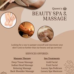 We offer a wide range of services which includes Luxury Spa Manicure and pedicure treatments, Massage, Facials, etc..

please get in touch for more information..10.00
