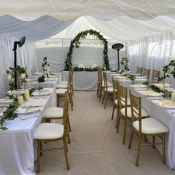 Gazebo and marquee for hire
3m x 2m £160
4m x 3m £160
4m x 4m £160
4m x 6m £180
4m x 8m £220
5m x 10m £250
Lining from £120
Carpet flooring from £80
Hard flooring from £120
Lighting £15
Heater £20
6ft rectangular tables £10
5ft round table £10
Chandelier £30
White or grey foldable chairs £2
White chiavari chair with seatpad £3
Gold chiavari chair with seatpad £3.50
Delivery from £30
And many more