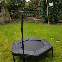 small indoor/ outdoor fitness trampoline with handle bar for support.Excellent condition.Has been used in side only.