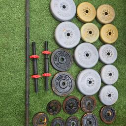 Weights for sale including bar and 2x dumbell bars mixture of plastic and cast iron.
7 x 2.3kg plastic
4 x 4.5 kg plastic
2 x 5 kg cast iron
4 x 2kg cast iron
4 x 1kg cast iron
1 x cast iron bar
2 x dumbell bars

£40