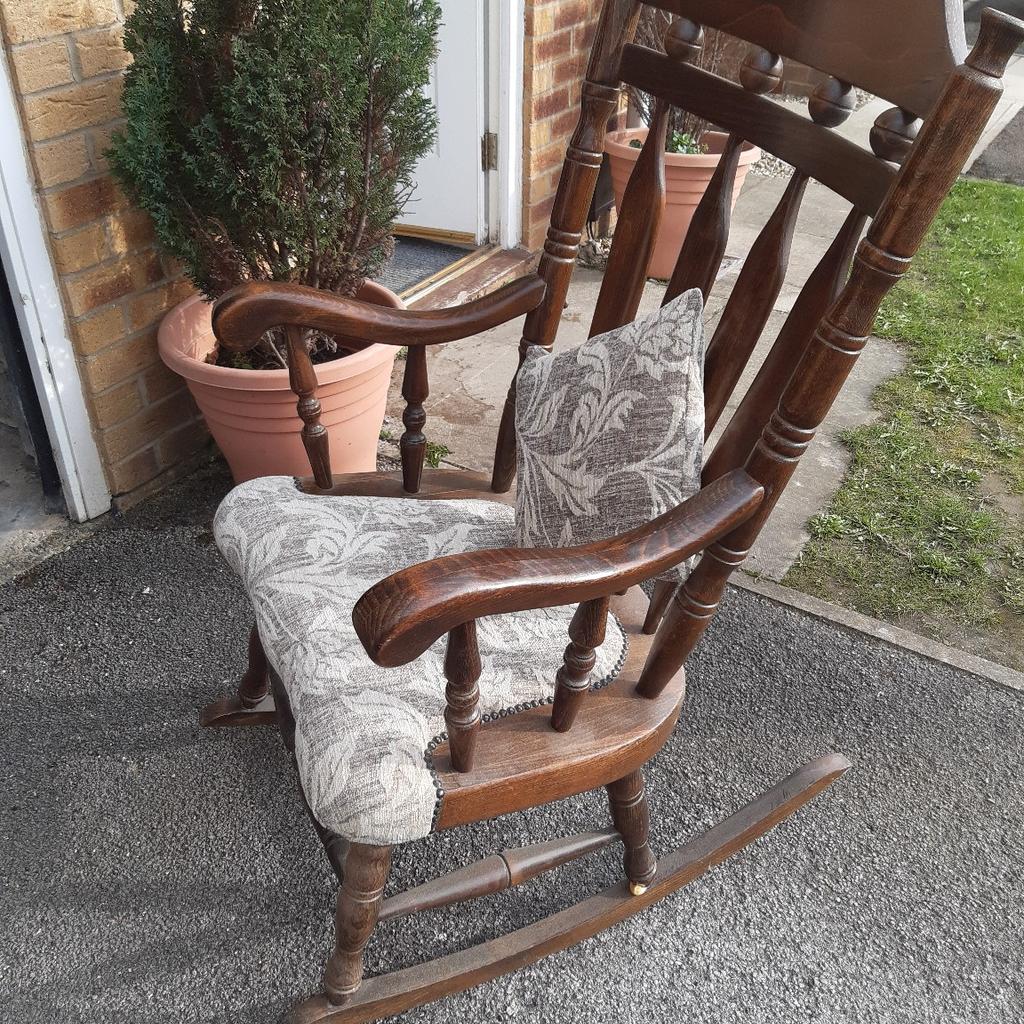 Vintage solid wood rocking /Nursing chair heavy solid chair upholstered seat matching cushion very comfortable, slight marks due to being moved about in garage.