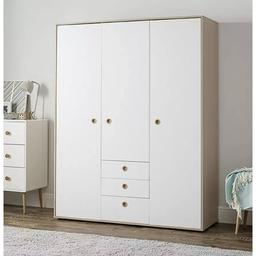 Habitat Camden 3 Door 3 Drawer Wardrobe – White

💥ExDisplay. Flat packed in the box💥

Made of wood effect.
Plastic handles.
Additional handles not included.
3 doors.
3 drawers with metal runners.
1 fixed hanging rail.
2 adjustable hanging rails.
Hanging rail holds up to 8kg.
4 adjustable shelves
Size H185, W145.8, D49.6cm.
Internal hanging space H174, W95, D47cm.
Internal drawer H11.5, W44.5, D43.5cm.
Handle size: L5, W5cm.
Weight 110kg

💥Check our other items💥