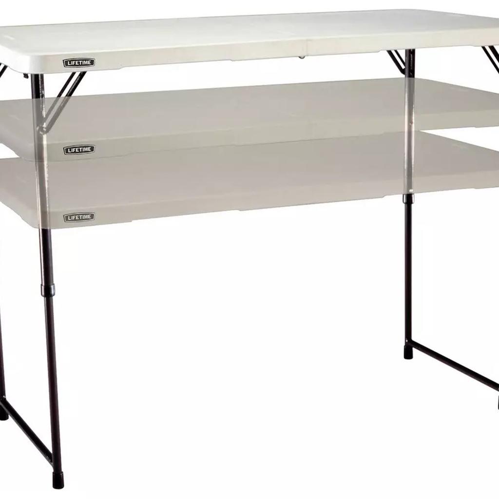 Brand new not used

Adjustable height table with a convenient carry handle in a lightweight, stain-resistant design. This table has three adjustable height settings (24, 29, and 36 inches). Size when folded H61, W61.9cm.
•	Made of High-density polyethylene with stainless steel frame.
•	Folds for storage.
•	Table size H91.4, L121.9, D61cm (when folded H61, W61.9, D7.6cm).
•	Table height adjustable up to 91.44cm.
•	Weighs 22kg.

Collection from B20 Perry Barr Area only