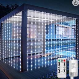 New 
Ice white ,curtain/fence/gazebo lights 
6 m x 3 m.  (19.8ft  x 9.9ft ) Battery ,waterproof ,8 flash options . Remote control ,timer,dimmer.
Comes with hooks, 600 LEDS.
Memory function
Can post out