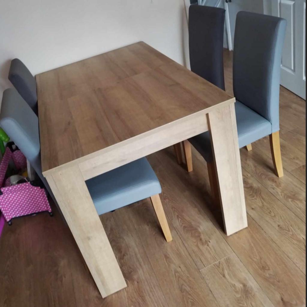 Wood extended table and 4 x chair washable covers.

Dimension approx :
Table size H76.7, W80, L120cm. Extended table 160 cm.

Chair:
Size of each chair H95, W44, D54cm. Seat height 45cm.
Faux leather seat pad.
Maximum user weight per chair 110kg.
Individual chair weight 5.2kg.

Long Eaton (NG10) collection in July due to relocation. More photos on priv.