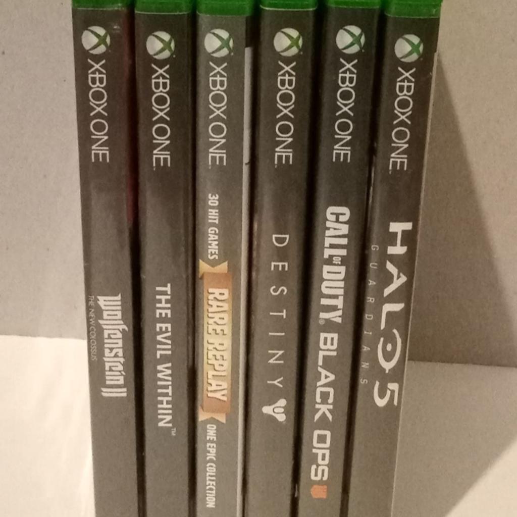 These games are all in very good condition, most of these games were hardly played. XBOX NOT INCLUDED.
Exciting games!

Xbox 1 Games;

Wolfenstein 2 the new colossal
The Evil Within
Rare replay 30 hit games in 1 epic collection.
Destiny
Call of Duty black ops specialist edition
Halo 5 Gardians