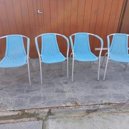 4 stackable blue rattan & metal chairs 
collection only from Rainhill L35