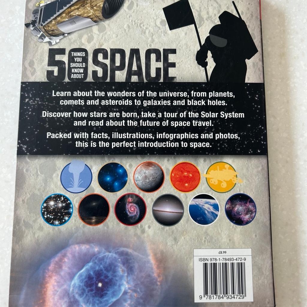 Brand-new
50 things you should know about space
Children’s knowledge book - with wonderful illustrations.
QED books -professor RAMAN PRINJA
Learn about the wonders of the universe from planets, comets, and asteroids to galaxies and black holes.
Discover how stars are born, take a tour of the solar system, and read about the future of space travel.
Packed with facts, illustrations, infographics and photos. This is the perfect introduction to space

BRAND NEW, A4 sized
Retail price £8:99
Listed on multiple sites
From a smoke free pet free home