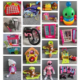 £40 for all 😁

Remote control cars- £10 for both ( Not been used ) paid £20 each 
Silverlit Rescue Penguin Interactive Pet - £5 paid £30 
Pink power ranger - £5 
Fisher price dance toys - £5 
Hetty hoover - £5 
Peppa pig toy - free 
Springlings Surprise Poppin’ Treehouse - £5 pair £30
Cocomelon Melon set - £10 
Bluey set - £10 
Hey Duggee set 1 £5 
Dyson Hair set - £6 
Vetch Apple - £5 
All hardly played with as girls had to much 😂