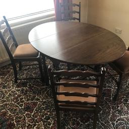 Drop leaf dining table and chairs
Tabletop is 140cm x 100cm
Good condition but there is age related wear to the top
Buyer to collect with cash on collection please