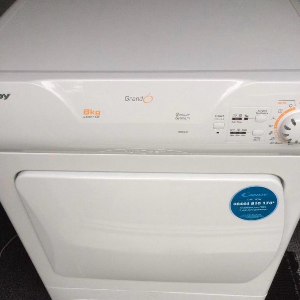 * CONDENSER TUMBLE DRYER
* 8kg capacity
* HARDLY USED

Candy tumble dryer with sensor dry technology with 4 pre-set programmes. Set the programme required and the machine will automatically stop when the selected level of dryness is reached. Wide porthole makes it easier to load & remove laundry from the machine, great when drying larger items. The condenser design means no need for an external vent: just empty the water compartment when full.

Maximum drying capacity 8kg. Reservoir full indicator. 2 heat settings. Sensory drying with 4 dryness levels. 150 minute timer. 10 minute cool tumble. Reverse tumble option. Manual control. Up to 9 hours delayed start. Fluff filter. Drying programmes: Freshen up cycle. Easy iron cycle. Anti-crease option. Performance: Energy efficiency rating C. Energy consumption: 1024kWh per year.

BEEN USED ABOUT TEN TIMES IN ITS LIFE. MINT CONDITION. IT CAME WITH THE KITCHEN AND I NEED THE SPACE. IMMACULATE WORKING ORDER
RRP C£300