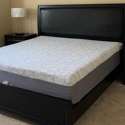 - Premium, top quality solid wood, sturdy, bed frame with wooden slats, 3 center support legs and a bunkie board for additional support for mattress (no box spring required). 

- Upholstered headboard in faux leather which gives it a sophisticated look - ideal for contemporary or traditional-style bedroom. 

- Bedsides have a pull out which can be used as an additional stand for keeping items / writing. 

- Mattress – Beautyrest Surface Cool Gel Memory Foam Mattress, with an additional water-proof cover and a mattress protector.

- Easy to assemble.

- Condition: Used, excellent condition. Mattress is good as new.

Dimensions: 

Bed: Headboard 82.5” (W), 55.5” (H) and Frame 84” (L), 79” (W) 

Mattress Size: 79.5” (L), 75.5” (W), 14.0” (H) 

Bed side: 26.0” (L), 17.0” (W), 28.0” (H)

Collect from Virginia Water, Surrey.
