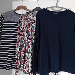 3 womens tops size 14 . Warehouse long sleeved stiped top , patterned long sleeved tu top and navy Next jumper