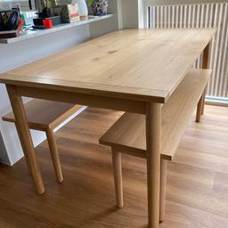 M&S oak dining table with two benches, seating 6 people. Original price £599. It’s 1 year old and in good quality, we’re only selling it as we want a smaller table. There are just a few minor water marks as pictured. See photo for dimensions from the M&S website. We don’t drive so it’s for collection only but we can dismantle and help carry. Comes from a clean, smoke-free home from a professional couple.