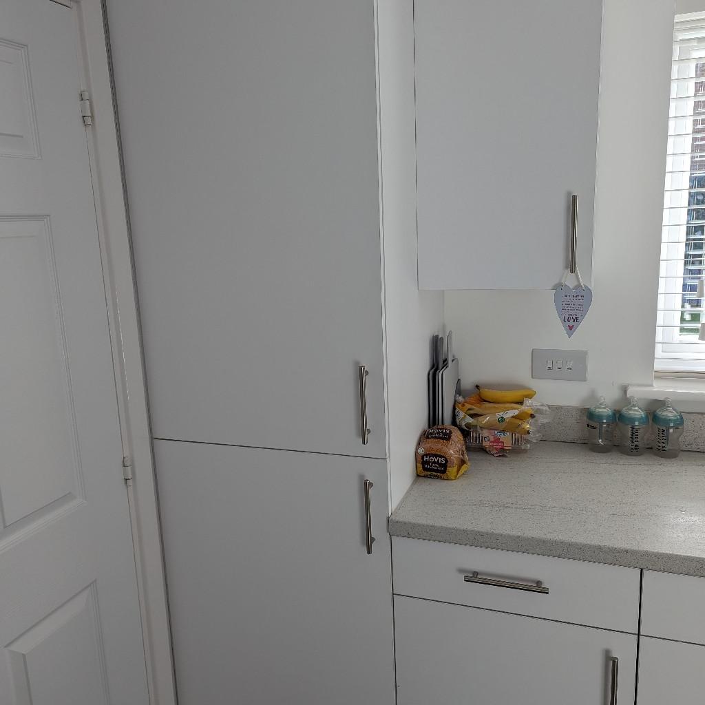 full Kitchen, for sale with all cupboards, doors, handles, includes fridge freeze, dish washer, oven, and gas hob. message for more information
