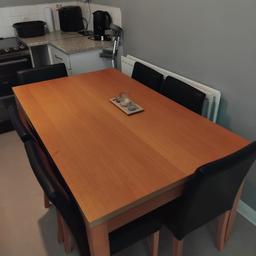 5x3 solid wood table
x6 leather chairs
the chairs do have some scratches on but nothing major..

COLLECTION ONLY
will need a van..