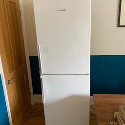 Collection only
Need gone ASAP
Will require 2 people to lift 
Bosch Exxcel free standing frost free fridge freezer in white with safety glass on all levels and multi airflow function.
Depth with the door handle - 63cm (2ft)
Height - 185cm (6ft)
Width - 61cm (2ft)