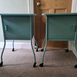 Two IKEA Vettre Turqoise Bedside Tables on offer.

Dimensions
Height - 70cm
Width - 50cm
Depth - 49cm

Metal side tables on wheels, both have a magnetic door close/release

Have been used but there is very minimal sign of wear. Small marks on 1 of the tops as shown in photos but these aren't noticeable in person.

There is an easy cable access to the inside, allowing for a hideaway phone charging station, keeping the top free from clutter.

Any questions, just ask

Open to offers