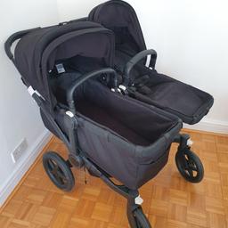 Bugaboo Donkey 3

As you can see from the wheels it hasn't been used much.

The set contains:

The complete chassis

2 x seat inserts with safety harness

2 x Rain cover

2 x Sun canopy

2 x Seat fabric with comfort harness

Complete carrycot with mattress

Very large underseat basket

Can be converted from single to double

From a smoke and pet free home