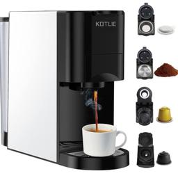 ☕【4 in 1 Coffee Brewer】KOTLIE coffee maker compatible with Dolce Gusto, Nespresso capsules, grounds and ese pod coffee. 19Bar Pressure, 85°C best tempreture, Saturates the grounds more evenly to extract full flavor and aroma, Jump start your day quicker and be ahead of the rest!

☕【Brew Any Size You Like】This espresso machine has a precise flow control system to quickly brew 2 oz and 6 oz cup sizes, while by long pressing the size coffee button, you can also brew the cup size you need to suit your needs（Tips: Coffee cup not included in package)

☕【Stylish and Simplicity Capsule Single Serve Coffee Machine】The espresso coffee maker measuring at 11.62in *9.84in* 4.8in, can not only be placed in the kitchen, drawing room, desk, but also easy to carry when traveling, BBQ without taking up a lot of space. Just enjoy your coffee anywhere you like

☕【Quick Single Serve Coffee Maker】 With 1450W heating element, this coffee maker is very easy to brew coffee, just add water to the removable wate
