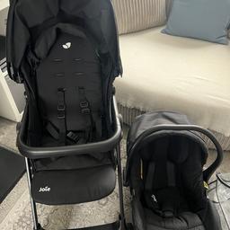 joie i juva
 Travel system
Comes with rain cover and car seat jsut clips in and out easy and Lovley pushchair. Has a decent shopping basket used for a few months no longer needed as baby has outgrown the car seat so i have brought a stroller 7 months old no rips or anything.

Suitable from birth with flat reclining seat.
Lightweight travel system with i-Juva infant seat, no adapters needed.
Weight 8kg.
Suitable from birth.
Suitable for children up to 15kg.
Multi recline positions.
Forward seat.
5 point harness.
Lockable front swivel wheels.
Handle height 99cm.
Dual wheel suspension.
Adjustable leg rest.
Aluminium chassis.

1 hand flat fold.
Freestanding when folded.
Folded size L100.2, W47.5, D16.1cm.
Pushchair accessories included:

Raincover.
Shopping basket.
Bumper bar.
Detachable hood.
Chest pads.