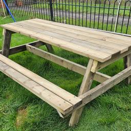 6ft 6 person Heavy duty Picnic Table/ Bench.

The framework is constructed from C16 4X2 Tanalised Timber and the table tops are Decking boards. 
All fixings are rust resistant. 
some Benches have also been coated in a sadolin Timber treatment to give added protection and to save the buyer time money and effort, these are £20 extra than the listed price.
These are made to give the buyer years of maintenance free care. I recommend to re coat ever 4 years