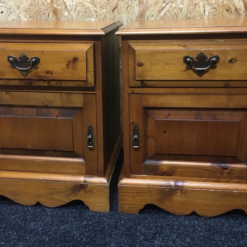 Solid pine bedside cabinets, traditional pieces of quality furniture with one drawer and a large cupboard/locker inside each unit. Ornate metal handles and door pulls. Each unit measures 45cm wide x 41cm deep x 57cm tall. Viewing/collection is Leeds LS24 & delivery is available if required - £125