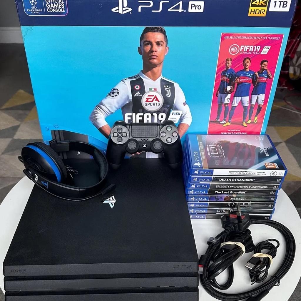 Ps4 pro, 1Tb edition, comes with 8 games, 1 controller, 1 headset and all original wires with box.