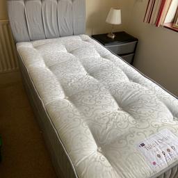 Single drawer divan bed with luxury mattress and matching headboard , like new, cost £600 includes mattress protector, duvet and duvet cover set 