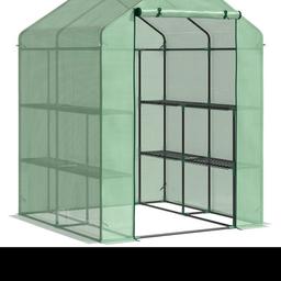 Outsunny Walk in Garden Greenhouse with Shelves Polytunnel Steeple Green house Grow House Removable Cover 143x138x190cm, Green