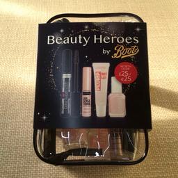 Beauty Heroes Gift Set by Boots.

CONTENTS:
1 X RIMMEL Extra Super Lash Mascara, 101 Black Black, 8ml, 30M
1 X MAYBELLINE Mini Lash Sensational Mascara, Very Black, 15g, 12M
1 X COLLECTION Gloss Plump Me Up, 16.8g, 12M
1 X ESSIE Nail Polish Mademoiselle, 13 Pink, 13.5ml, 12M

Held in transparent, zipped Make Up Bag.
Size (W17.3 X H12 X D5.3)cm

RRP Over £25

New, Sealed in original packaging and from a smoke free home.