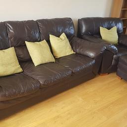 **Sold As a Set - Cash and Collection Only - Cushions and Remote Not Included**

Superb 3 seater genuine leather sofa and armchair with stitching, and matching footstool included. Minimal wear (Pictured), extremely comfortable and kept in very good condition overall. Wooden feet included. See below for measurements:

3 Seater Sofa (Excluding Wooden Feet):
Height = 33in
Width = 85in
Depth = 36.5in

Armchair (Excluding Wooden Feet):
Height = 33in
Width = 43in
Depth = 36.5in