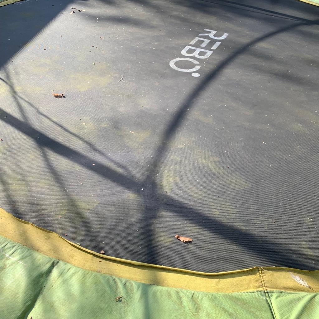 Rebo Base Jump 10FT Trampoline with Halo II Enclosure + additional storage sleeve for slippers (attached in picture 1). Good working condition, some signs of moss because it spent the winter outside. Some pulled threads to the exterior net where squirrels climbed it. Suitable for a whole family including adults. RRP £300 new