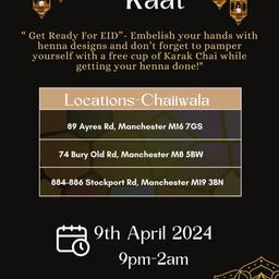 Exciting News! 🌙 Weta Community CIC, in partnership with Chaiiwala, is thrilled to announce our Chaand Raat event supporting the amazing ladies from our regular sessions! ✨ Join us for a rejuvenating cup of free Karak Chai while getting stunning henna designs! Limited space available, so hurry and contact our henna artist to book your slot. 💫 Henna prices starting at £5 for adults.



If you require different time contact henna artist to know availability